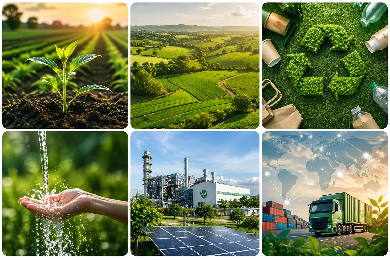 Sustainable agriculture, regenerative farming, circular economy, water conservation, industrial sustainability and responsible supply chains